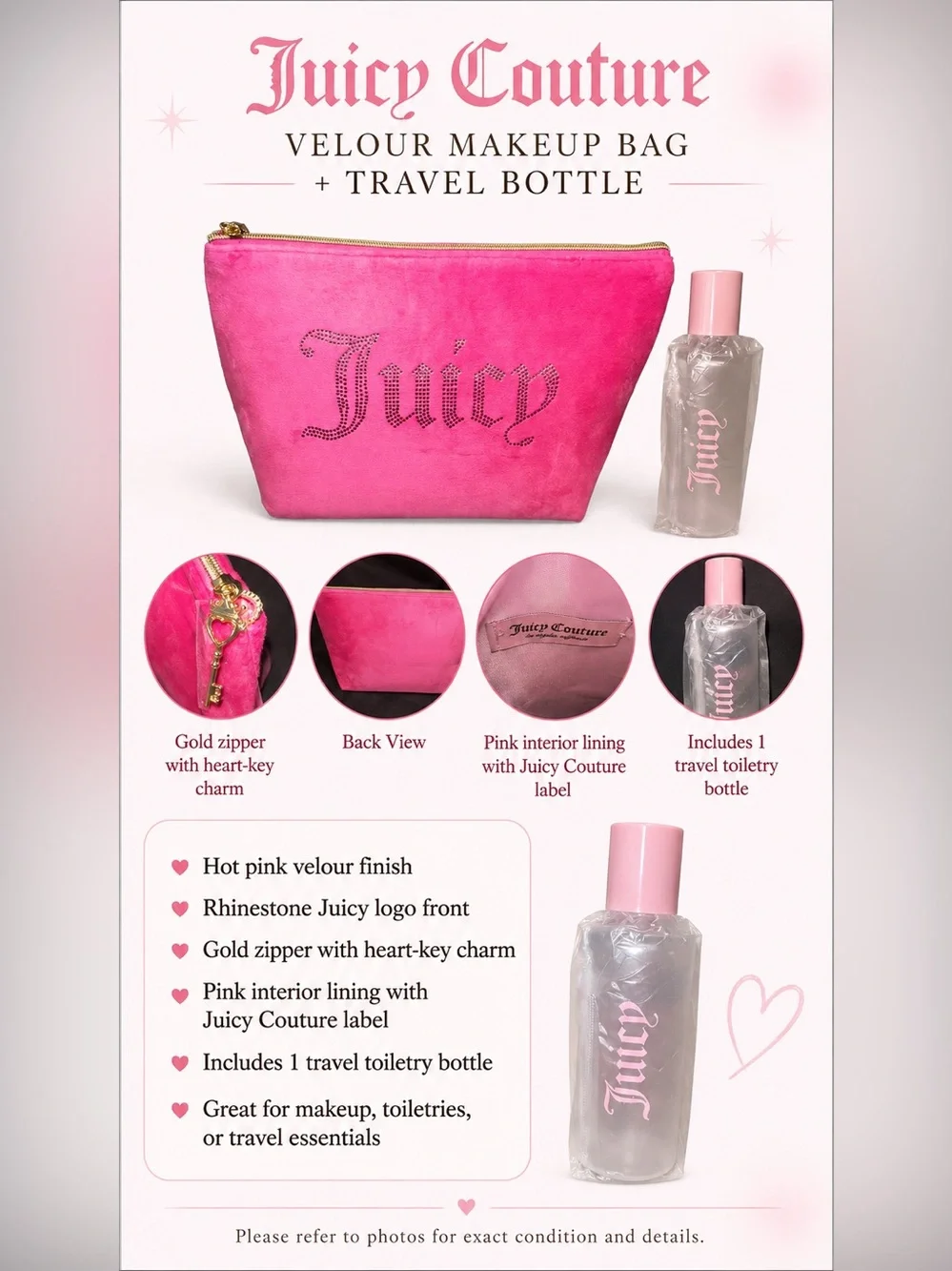 Juicy Couture Hot Pink Velour Rhinestone Makeup Bag + Travel Bottle